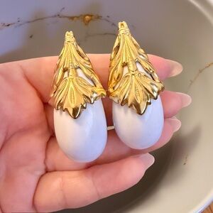 Vintage Runway White Resin & Gold Leaf Clip Earrings